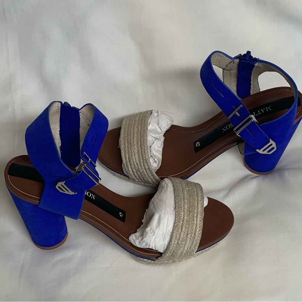 BNIB Matt Bernson Blue and Tan Women's Heeled Espadrille Sandals Sz 6